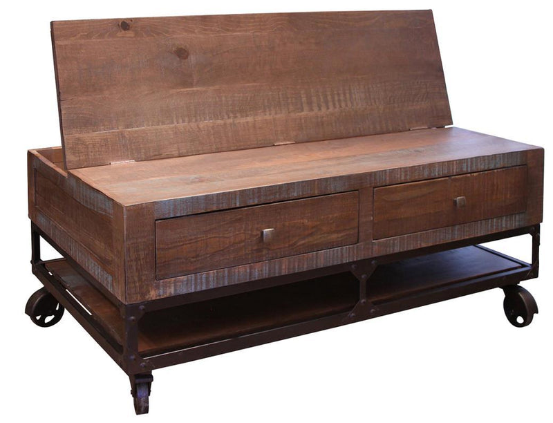Urban Gold Lift Top Cocktail Table by International Furniture Direct with two drawers and wheels, featuring a modern design and functional storage.