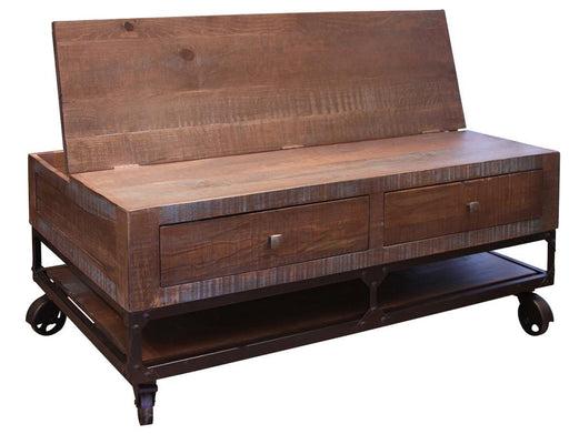 Urban Gold Lift Top Cocktail Table by International Furniture Direct with two drawers and wheels, featuring a modern design and functional storage.
