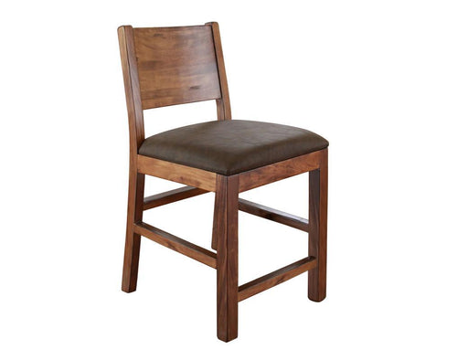 Parota 24-inch barstool with faux leather seat by International Furniture Direct, showcasing a sturdy wooden frame and upholstered seating.