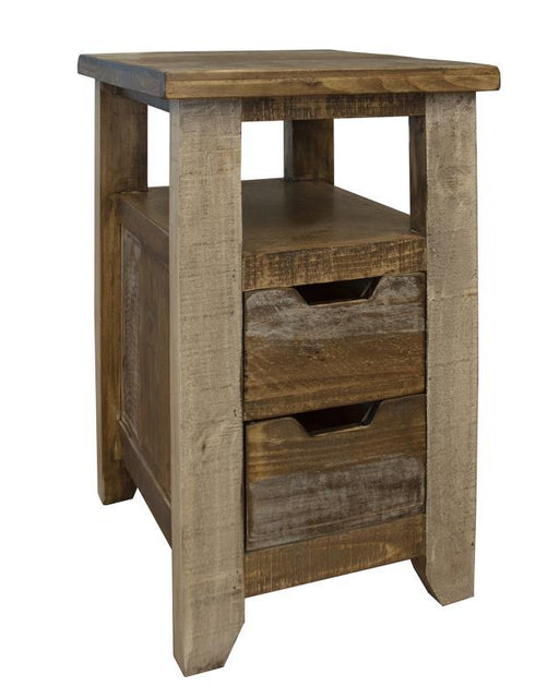 Antique multicolor end table with two drawers by International Furniture Direct, featuring a vintage wooden design and decorative hardware.