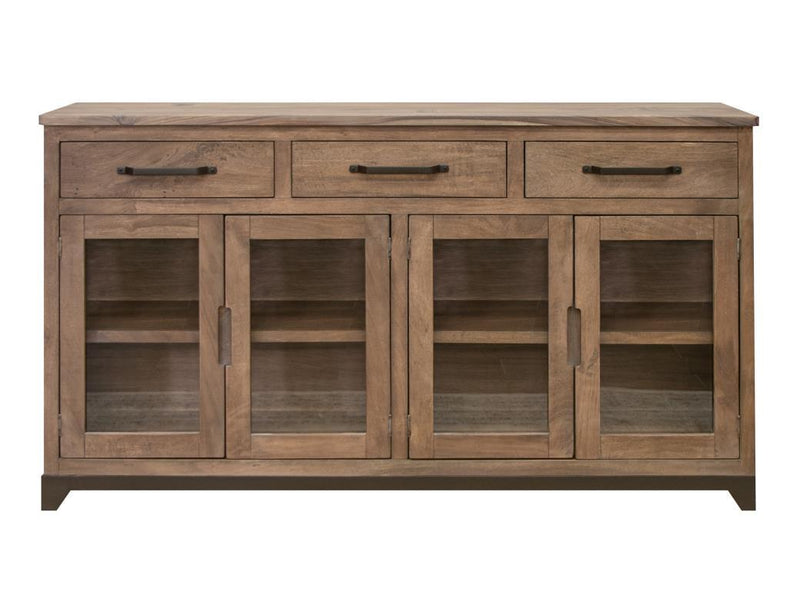 Natural Parota wood console with 3 drawers and 4 glass doors, crafted by International Furniture Direct.