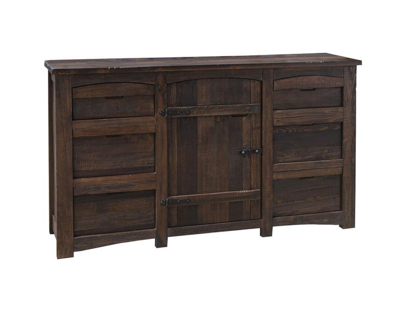 Modern mezcal 6-drawer dresser with one door from International Furniture Direct, featuring a sleek wooden finish and spacious storage.