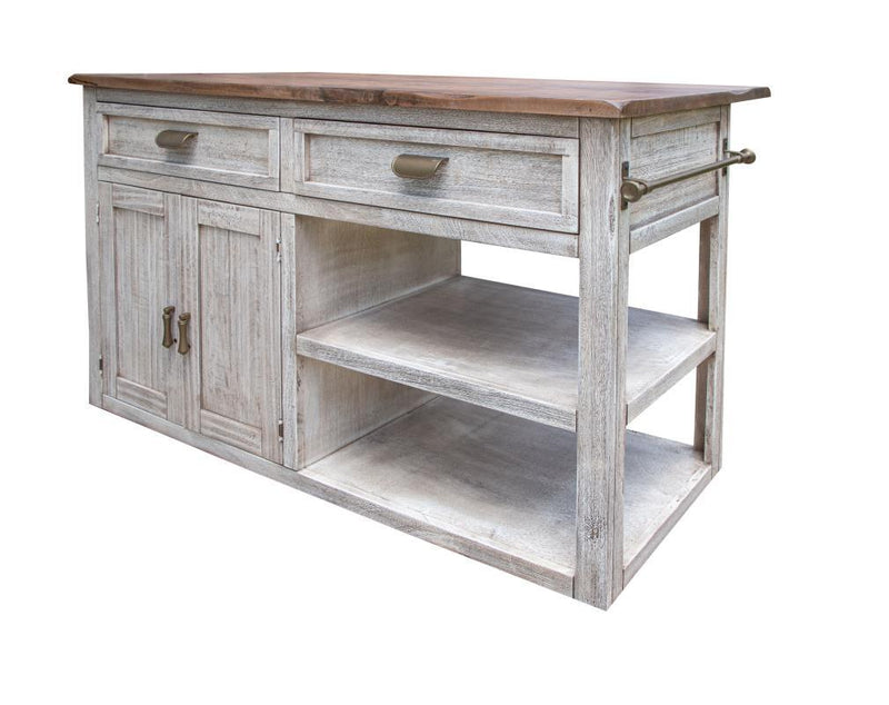 International Furniture Direct Sahara kitchen island with 2 drawers, 2 doors, and 2 shelves, showcasing its wood finish and storage features.