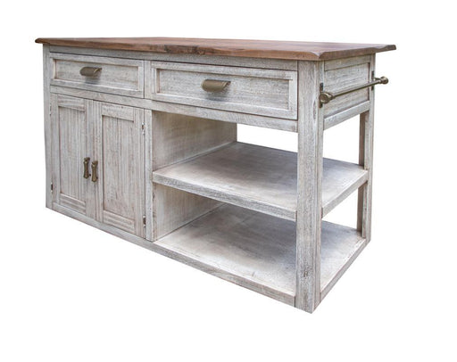 International Furniture Direct Sahara kitchen island with 2 drawers, 2 doors, and 2 shelves, showcasing its wood finish and storage features.