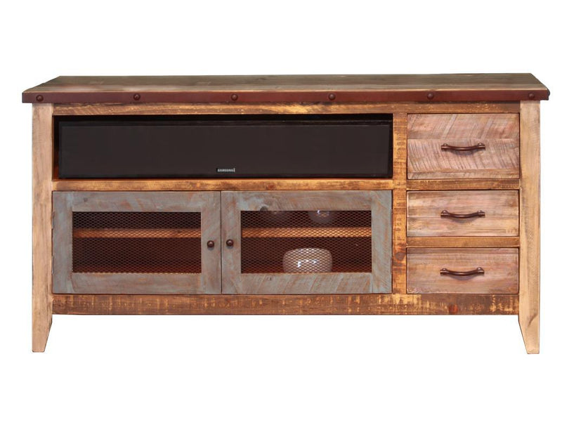 Antique multicolor 62-inch TV stand with three drawers and two iron mesh doors, made by International Furniture Direct.