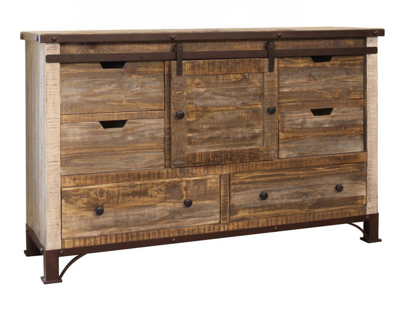 Antique multicolor dresser with six drawers and one sliding door by International Furniture Direct, showcasing vintage wooden furniture design.