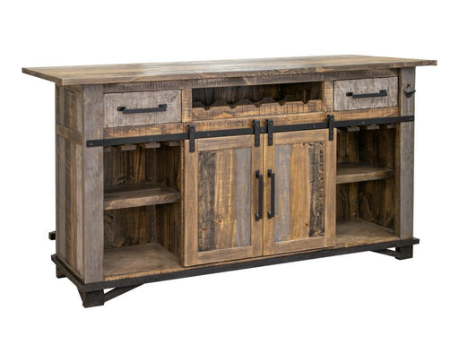 Loft Brown bar cabinet with 2 drawers and 2 doors, showcasing wood finish and storage space from International Furniture Direct.