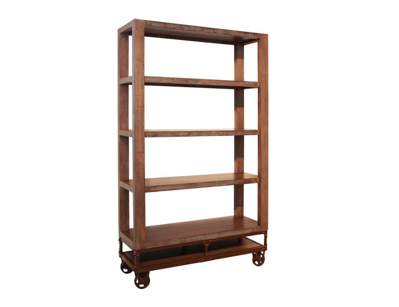 Urban Gold 70-inch bookcase with four shelves and casters by International Furniture Direct, showcasing a stylish wooden storage unit.