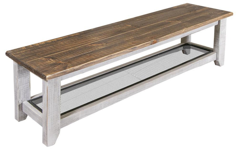Gray solid wood bench with iron shelf from International Furniture Direct, showcasing a sturdy, rustic design with a spacious shelf underneath.