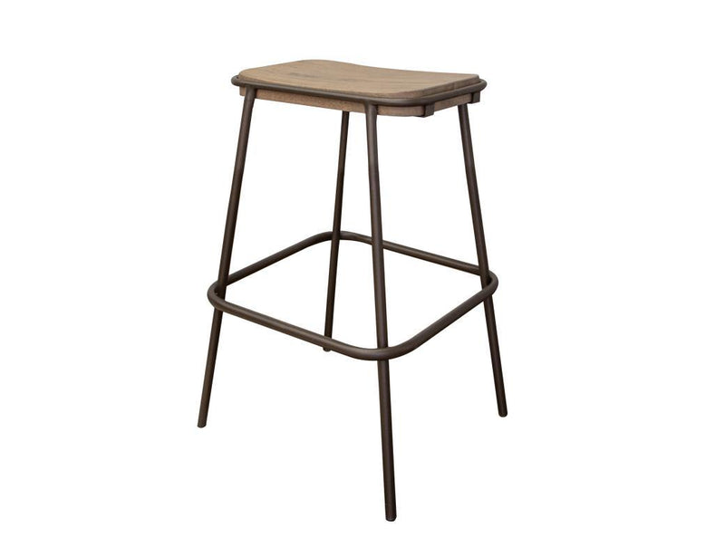 Natural Parota wood barstool from International Furniture Direct, 24-inch height, showcasing polished wood seat and sturdy legs.