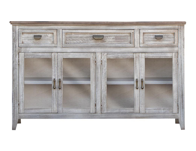 White finish Sahara 3-drawer, 4-door console by International Furniture Direct, showcasing sleek design and ample storage space.