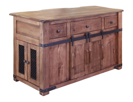 Parota kitchen island by International Furniture Direct with 3 drawers, 2 sliding doors, and 2 mesh doors on each side.