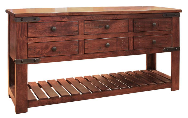 Parota sofa table with six drawers from International Furniture Direct, featuring a rustic wood finish and ample storage.