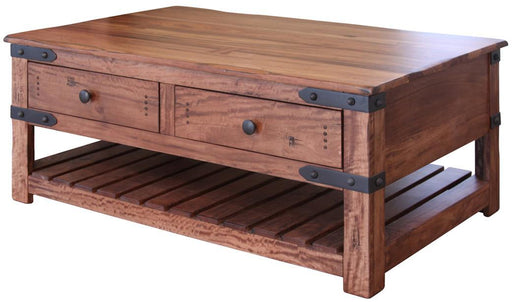 Parota II cocktail table by International Furniture Direct with four drawers, wheels, and a polished wooden finish.