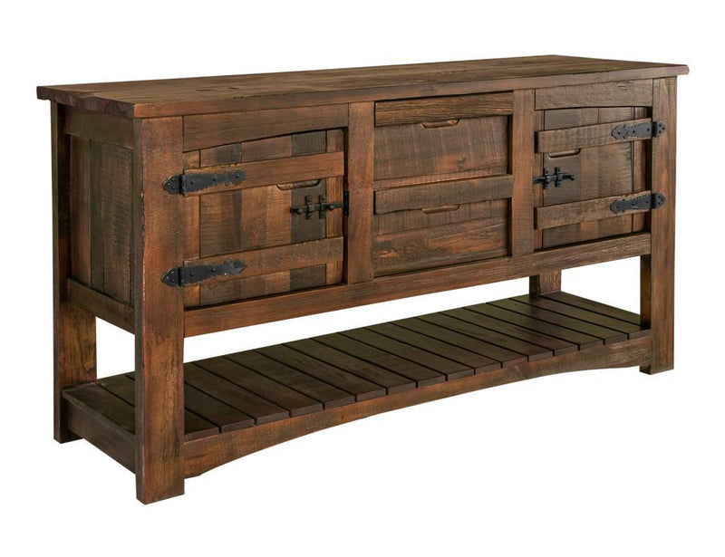 Mezcal sofa table by International Furniture Direct with two drawers and two doors, featuring a rustic wood finish and sturdy design.