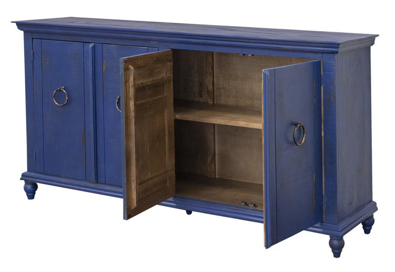 Blue finish Capri console with four doors from International Furniture Direct, showcasing a stylish modern storage piece.