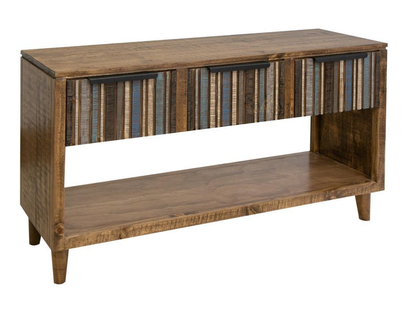 Blue Tiza sofa table by International Furniture Direct with three colorful drawers and a modern design.