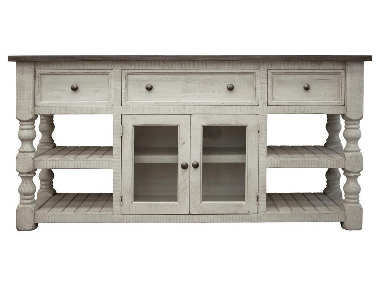 Stone 70-inch TV stand by International Furniture Direct with 3 drawers and 2 glass doors, showcasing a modern wooden design.