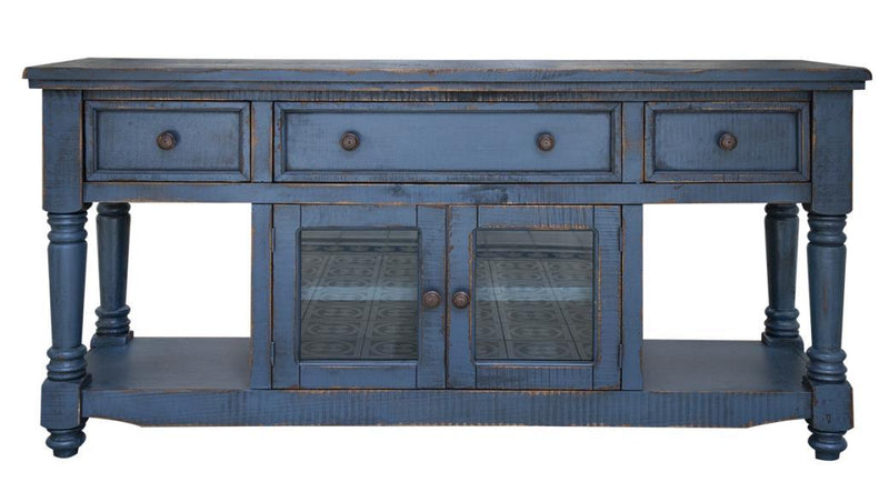 Dark blue Aruba 70-inch TV stand by International Furniture Direct with three drawers and two doors, modern storage solution.