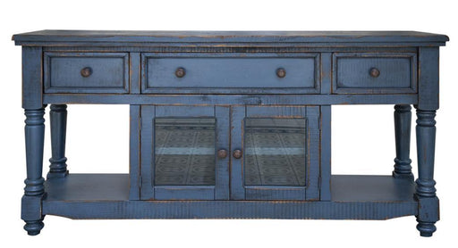 Dark blue Aruba 70-inch TV stand by International Furniture Direct with three drawers and two doors, modern storage solution.
