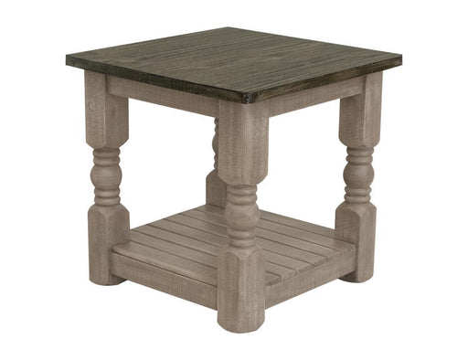 Natural stone end table by International Furniture Direct featuring a rustic wooden base and smooth stone top.