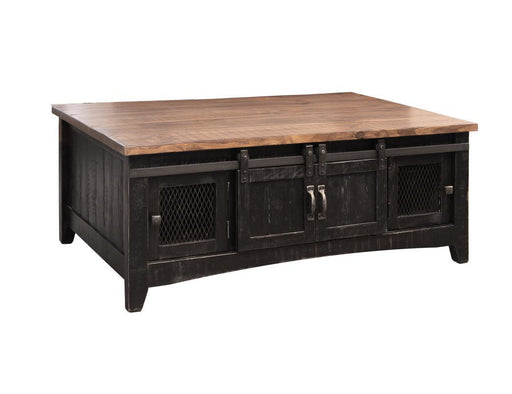 Pueblo Black 2 sliding doors sofa table with 2 mesh doors on each side, made by International Furniture Direct.