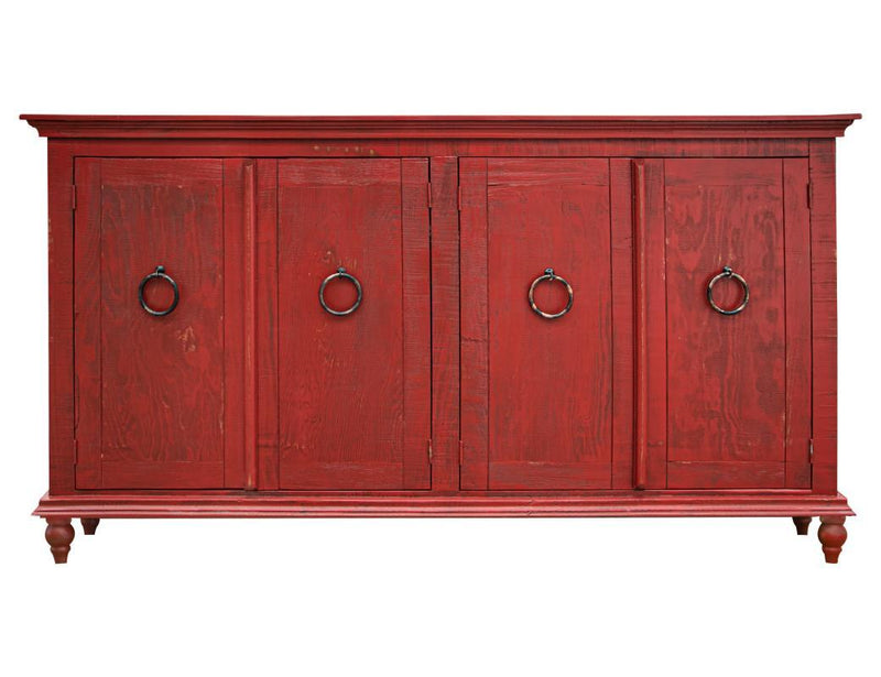 Red finish Capri console with four doors from International Furniture Direct, showcasing a stylish and functional storage piece.