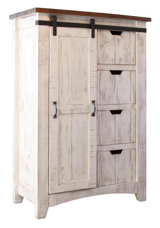 White Pueblo 4-drawer and 1-door chest by International Furniture Direct, showcasing a rustic wooden storage piece.