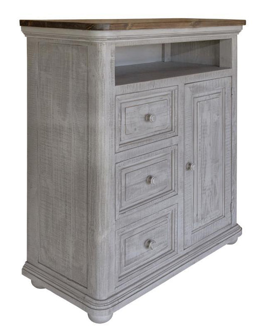Gray Luna 3-drawer and 1-door chest TV stand by International Furniture Direct, featuring a modern design with ample storage.