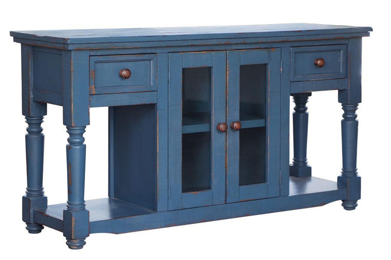 Dark blue Aruba sofa table with 2 drawers and 2 doors from International Furniture Direct, showcasing its modern design and storage space.