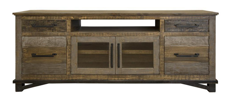 Loft brown TV stand with 2 drawers and 4 doors, 76-inch size, from International Furniture Direct, showcasing storage compartments.