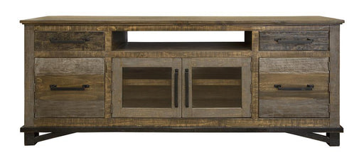 Loft brown TV stand with 2 drawers and 4 doors, 76-inch size, from International Furniture Direct, showcasing storage compartments.
