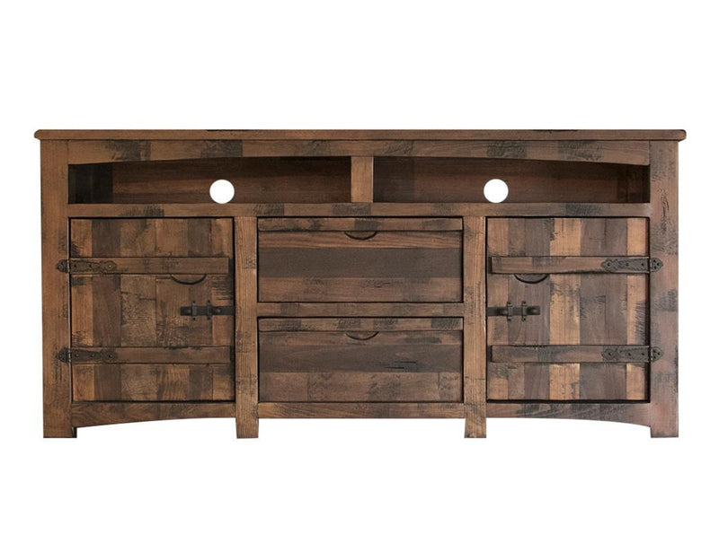 International Furniture Direct 70-inch TV stand with two doors, two drawers, and two open shelves for modern living room setup.