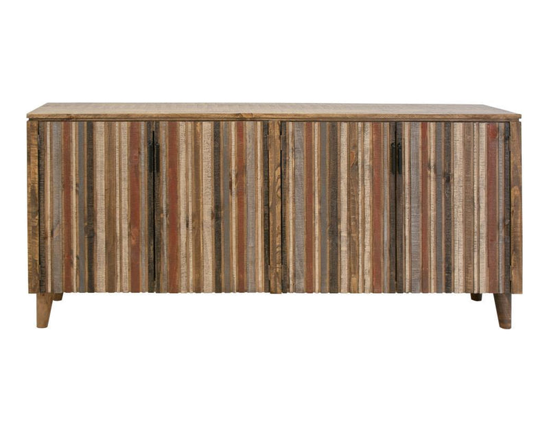 Multicolor Tiza 4-door console by International Furniture Direct, featuring vibrant red and multicolor doors with modern design.