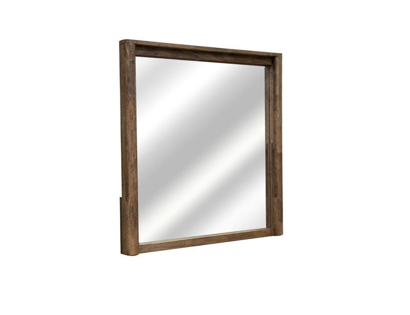 Olimpia mirror by International Furniture Direct featuring a sleek, modern design with a rectangular glass reflecting a bright room.