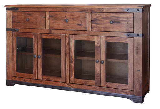 Parota 70-inch console with three drawers and four glass doors by International Furniture Direct, showcasing wood finish and glass panels.