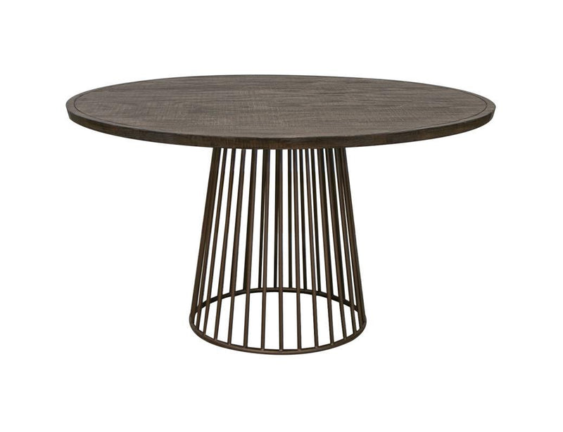 Round iron dining table with a dark finish, featuring a sturdy base and spacious tabletop, from International Furniture Direct.