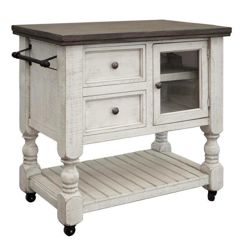 Stone finish kitchen island with two drawers and a glass door from International Furniture Direct, ideal for modern kitchens.