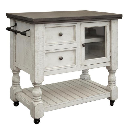 Stone finish kitchen island with two drawers and a glass door from International Furniture Direct, ideal for modern kitchens.