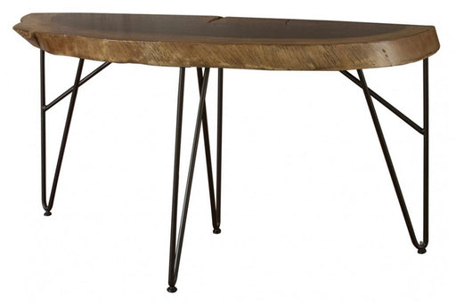 Vivo sofa table by International Furniture Direct featuring a wooden top and metal legs for a modern living room look.