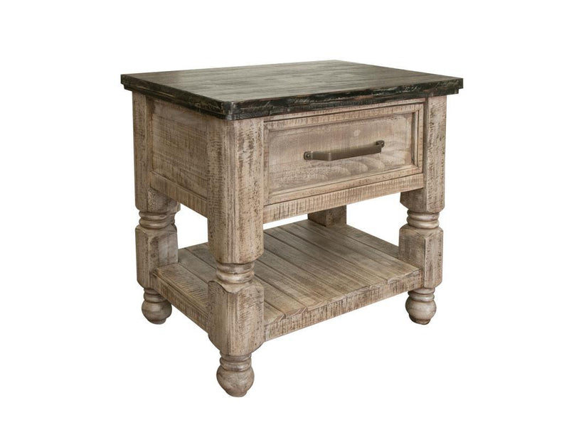 Natural stone nightstand with one drawer from International Furniture Direct, showcasing a rustic wooden finish and sturdy design.