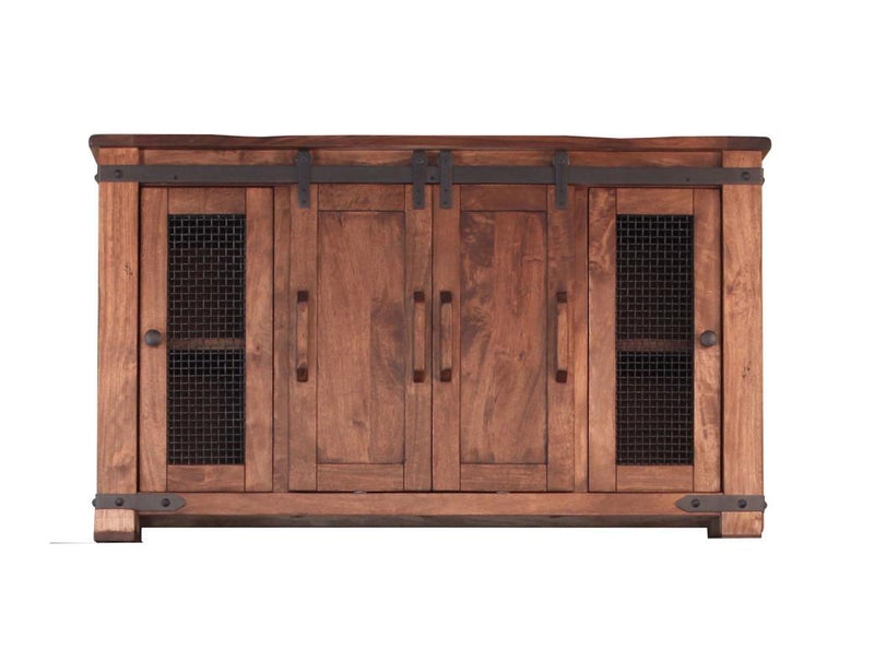 Parota wood TV stand with 4 doors and open shelves, designed by International Furniture Direct, in a 60-inch size.