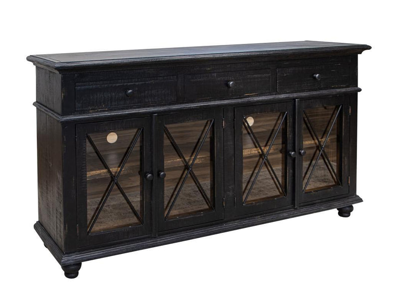 Vintage black 70-inch wooden console with 3 drawers and 4 doors, charcoal finish, by International Furniture Direct.