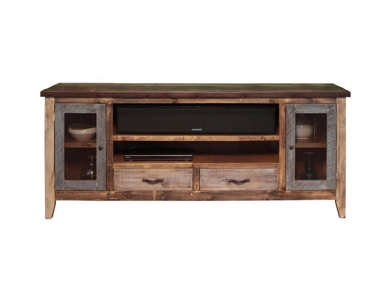 Antique multicolor TV stand with 2 drawers and iron mesh doors, 76 inches long, by International Furniture Direct.