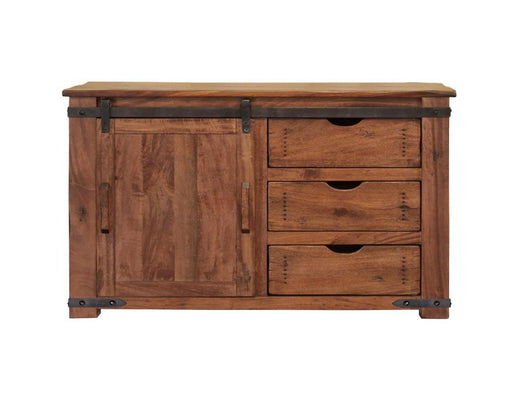 Parota wood TV stand with 3 drawers, 1 door, and 2 shelves, by International Furniture Direct, showcasing its natural finish and design.
