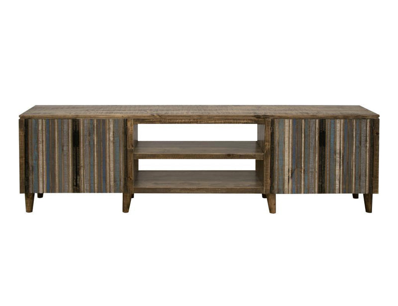 Blue Tiza 4-door TV stand with shelves from International Furniture Direct, designed for 93-inch TVs and storage.