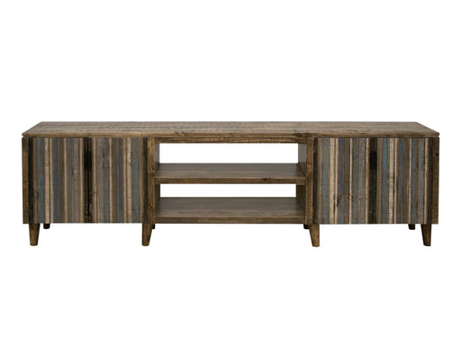 Blue Tiza 4-door TV stand with shelves from International Furniture Direct, designed for 93-inch TVs and storage.