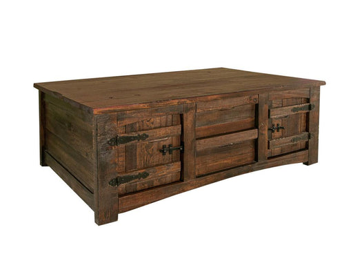 Mezcal cocktail table by International Furniture Direct with four drawers and four doors, wood finish, and modern design.