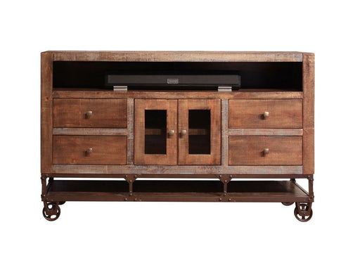 Urban Gold 62-inch TV stand by International Furniture Direct with two glass doors and four drawers, stylish and functional furniture piece.