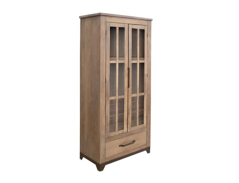 Natural Parota wood cabinet with 2 glass doors and 1 drawer from International Furniture Direct, showcasing its elegant design.